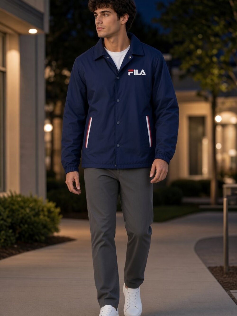 FILA Men Navy Sports Coach Jacket Long Sleeves Windbreaker Mateo Track Coat US M
